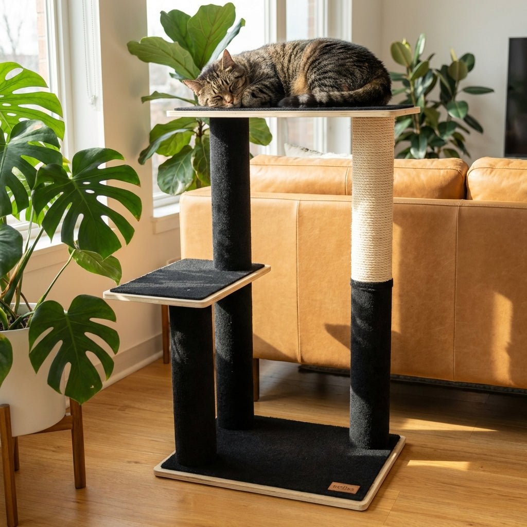 Cat lounging on a multi-level cat tree in a home setting with plants and furniture.
