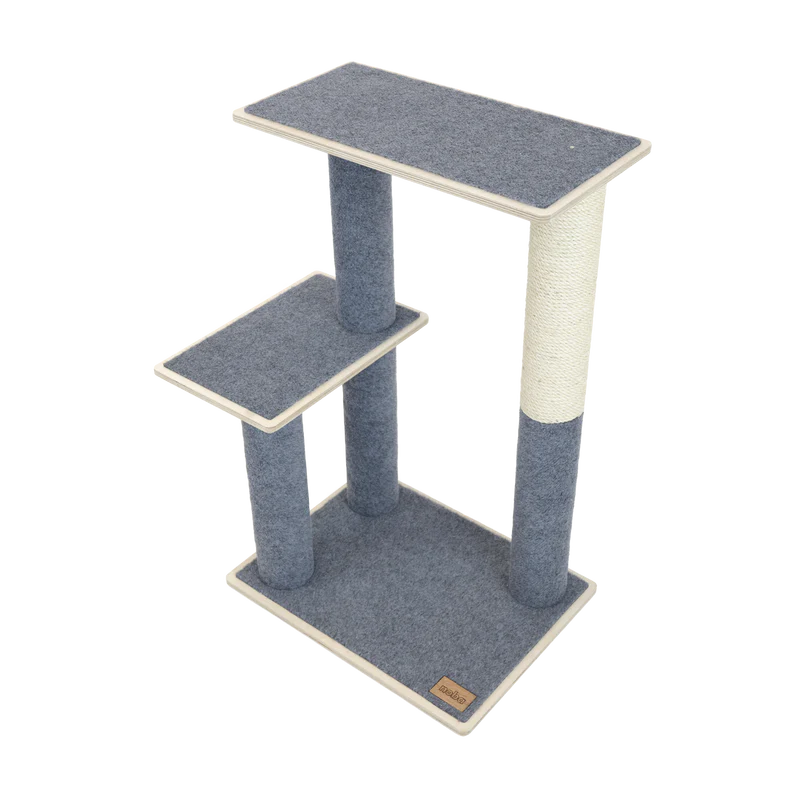 Cat tree with multiple levels and a scratching post on a white background