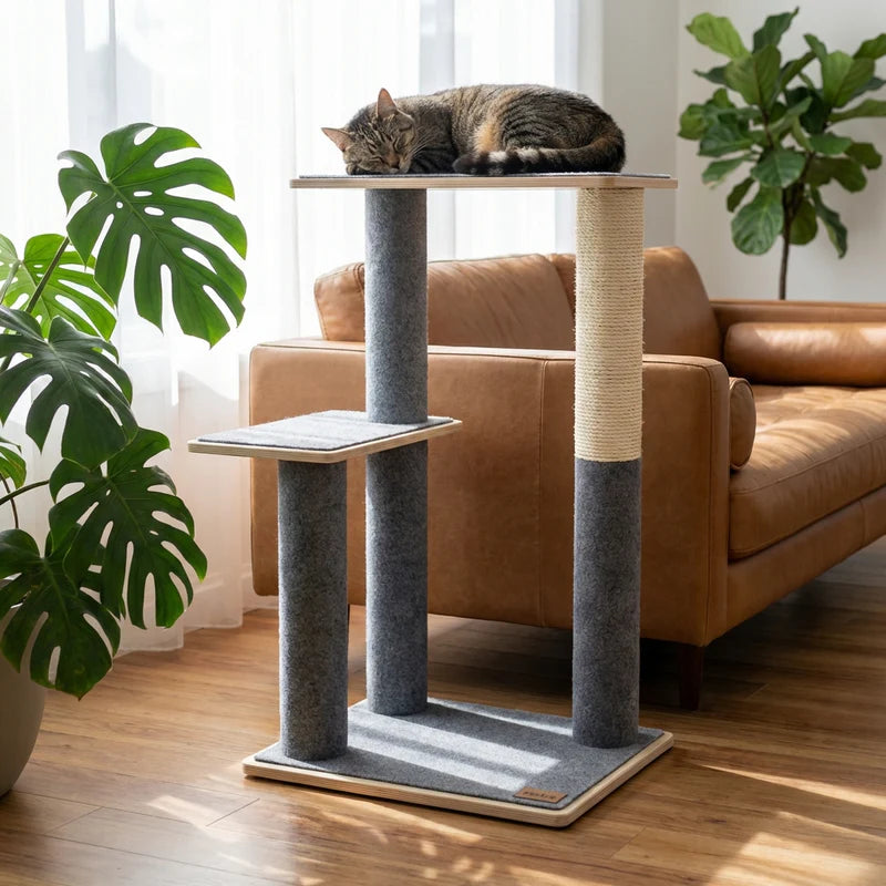 Cat resting on a multi-level cat tree in a living room with plants and a couch.