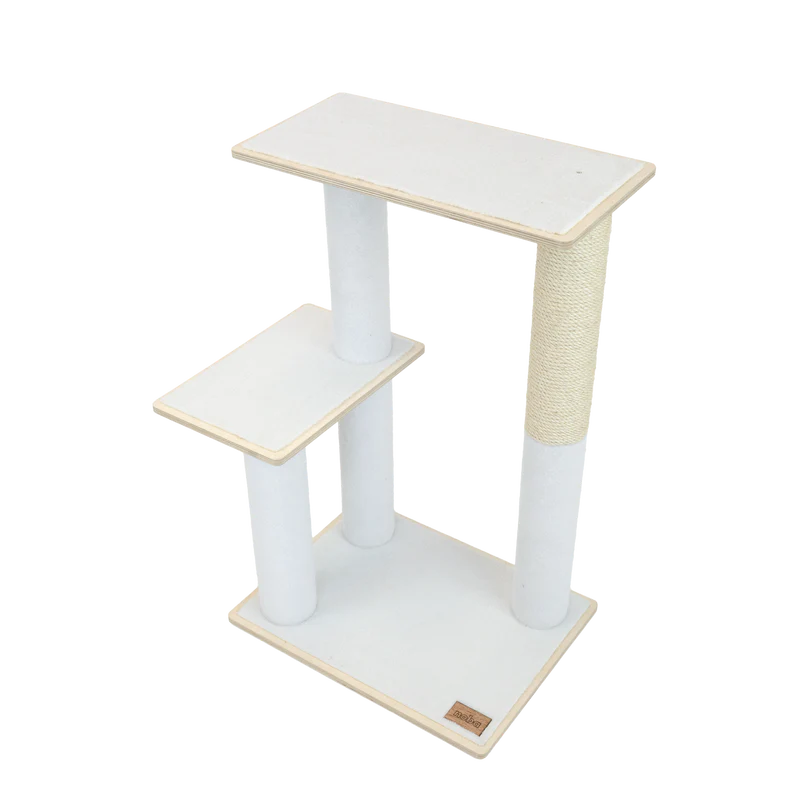 White and beige cat tree with multiple levels on a white background