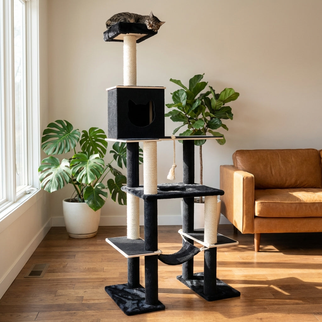 Cat tree in a room with plants and a couch