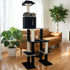 Cat tree with a cat on top in a living room setting with a couch and plants.