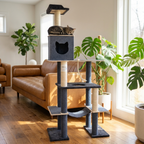 Cat tree with multiple levels and a cat perched on top in a living room setting.