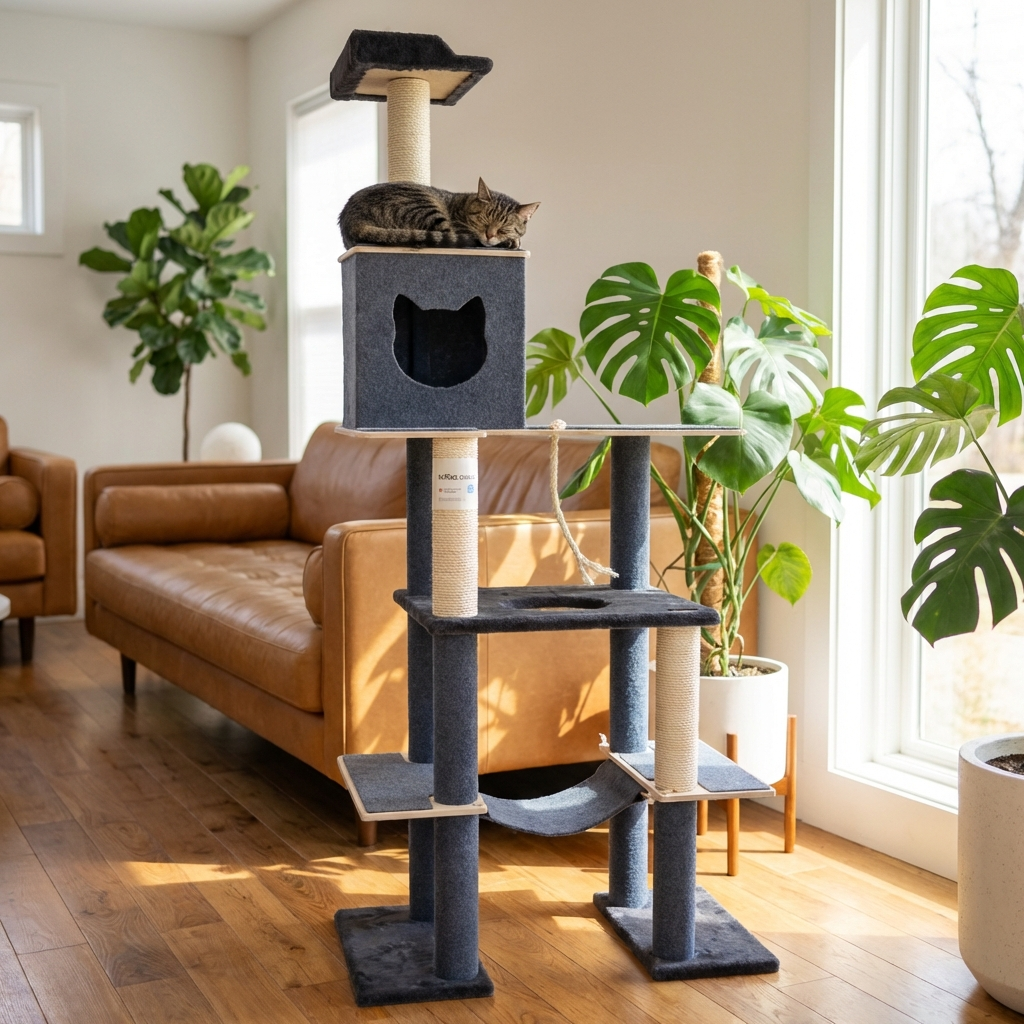 Cat tree with multiple levels and a cat perched on top in a living room setting.