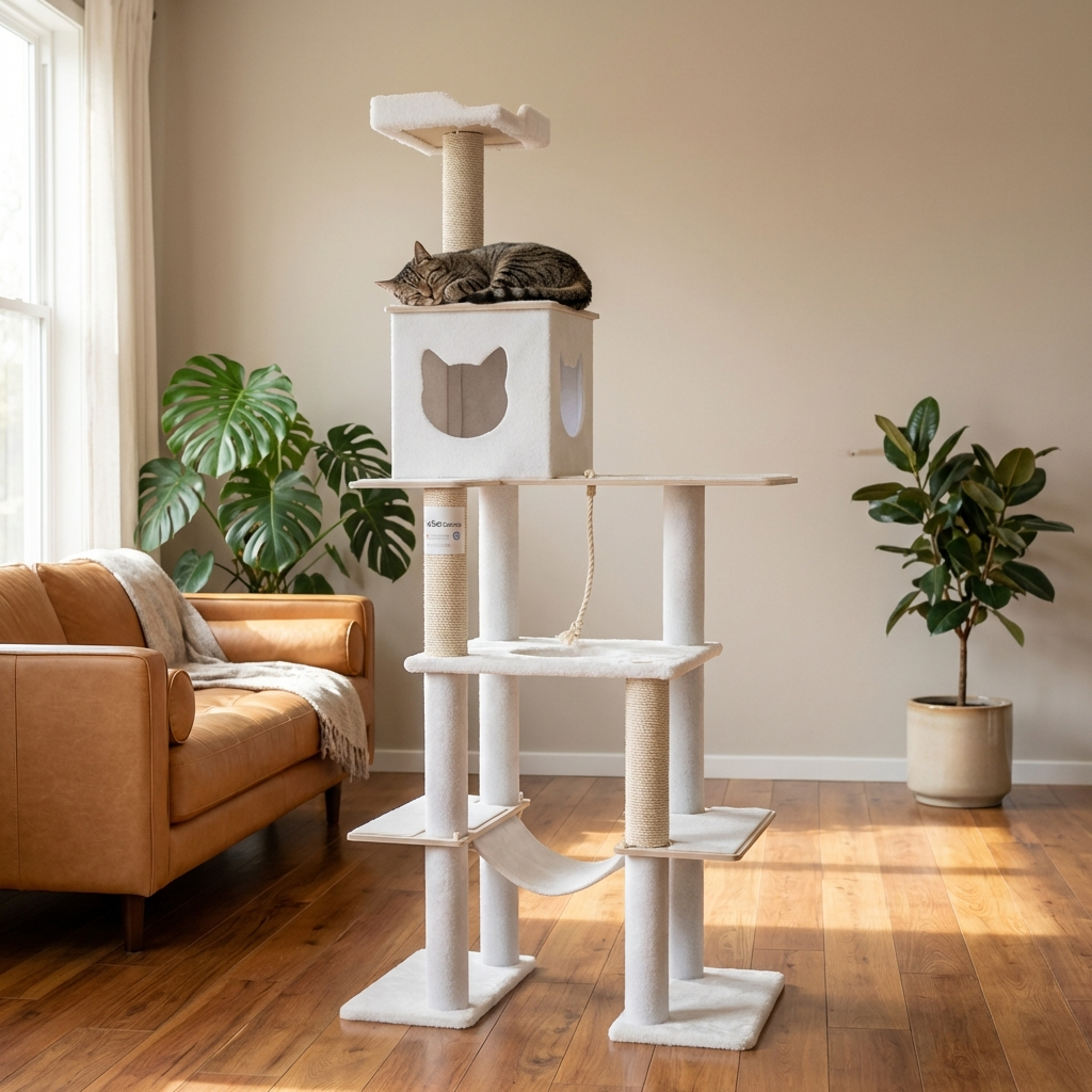 Cat tree with a cat on top in a room with a couch and plants