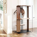 Cat climbing a wooden cat tree with dimensions labeled in a home setting