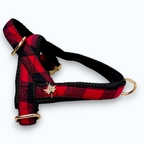 Red and black plaid dog harness with gold hardware on a white background