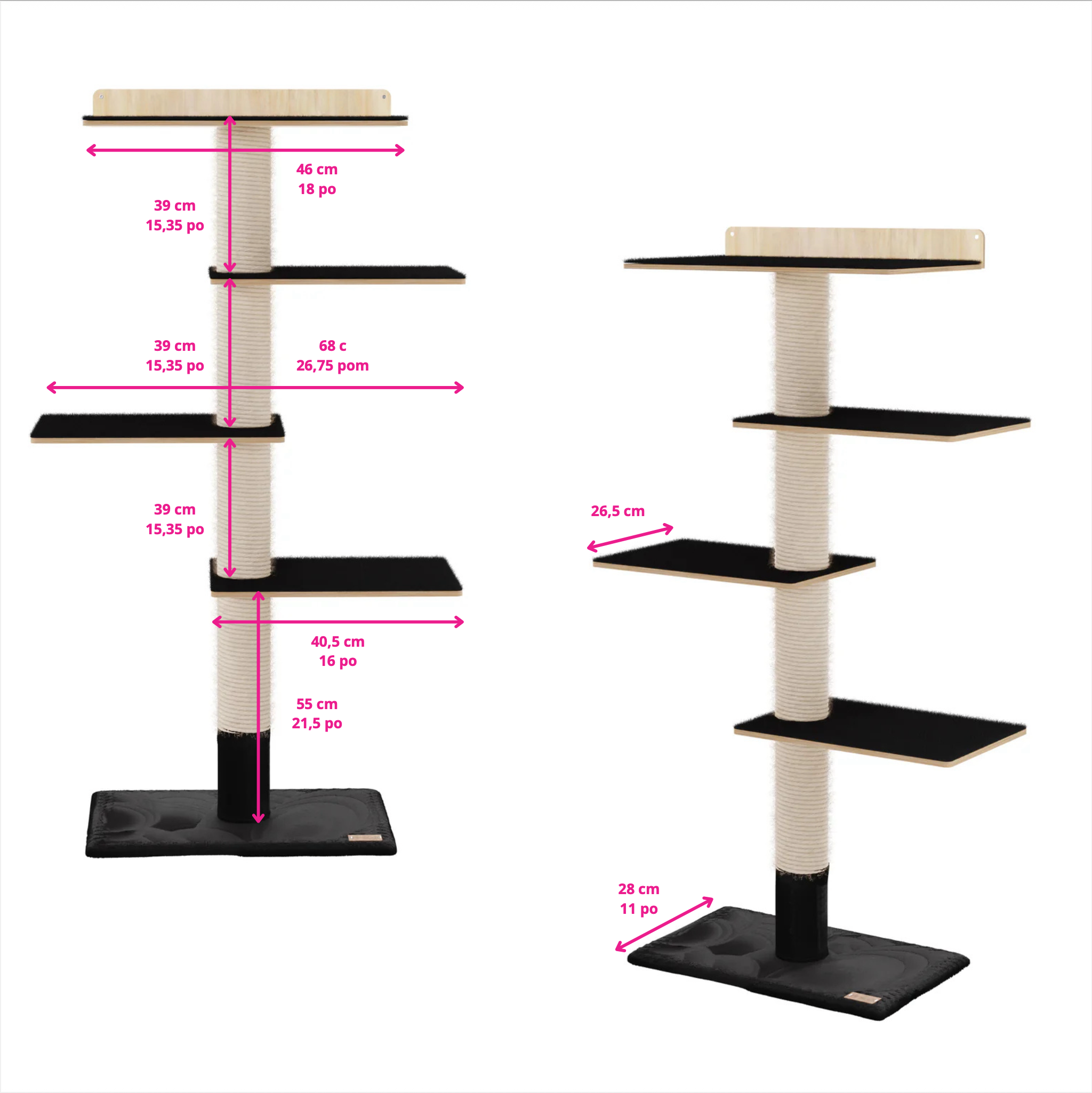 Measurement chart of a cat tree with dimensions labeled in centimeters and inches.