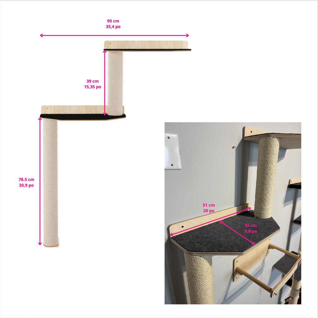 Cat tree with dimensions labeled on a white background