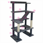 Cat tree with multiple levels and a scratching post on a white background