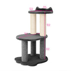 Cat tree with dimensions labeled on a white background