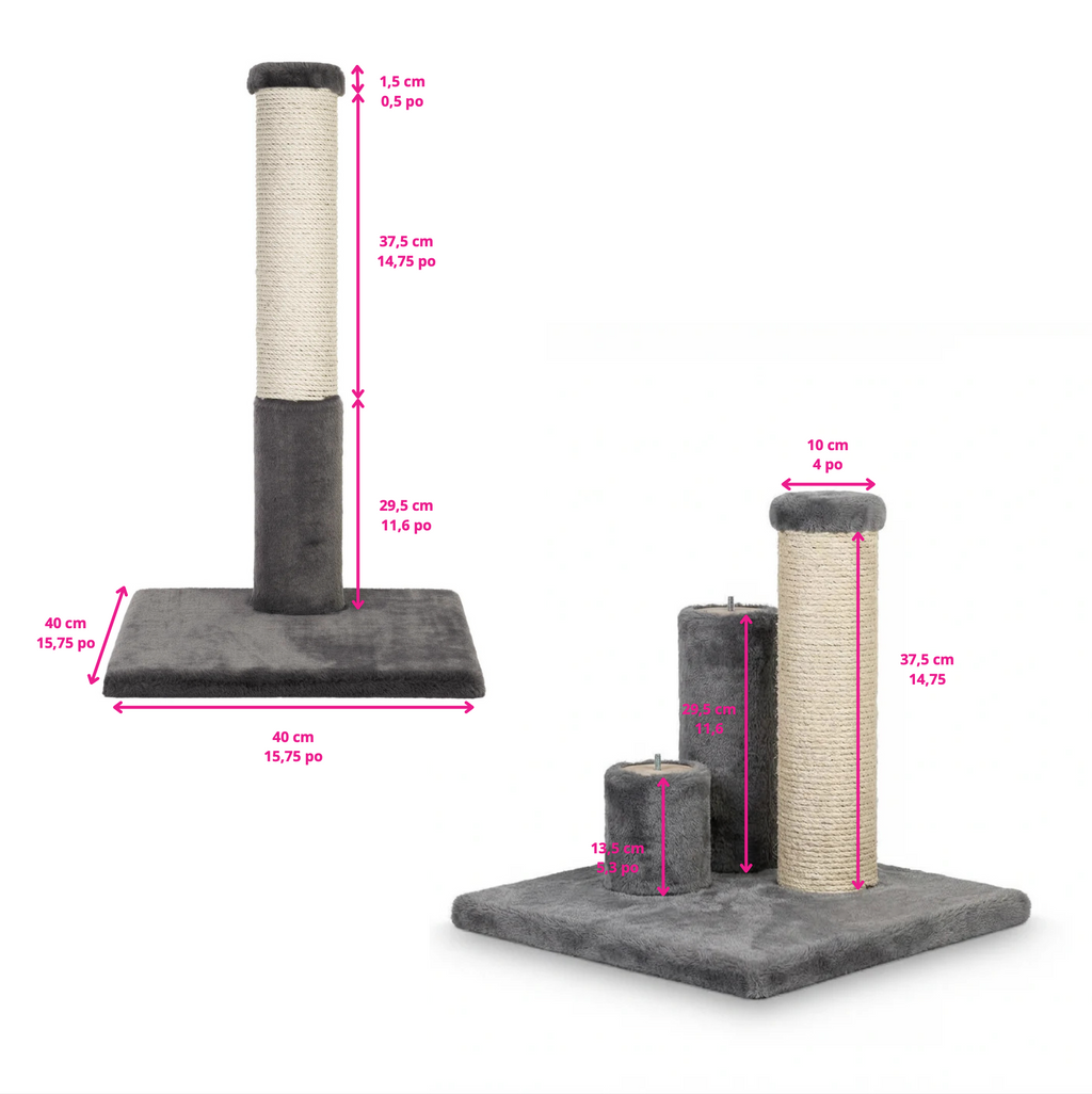 Measurement chart of a cat scratching post with dimensions labeled
