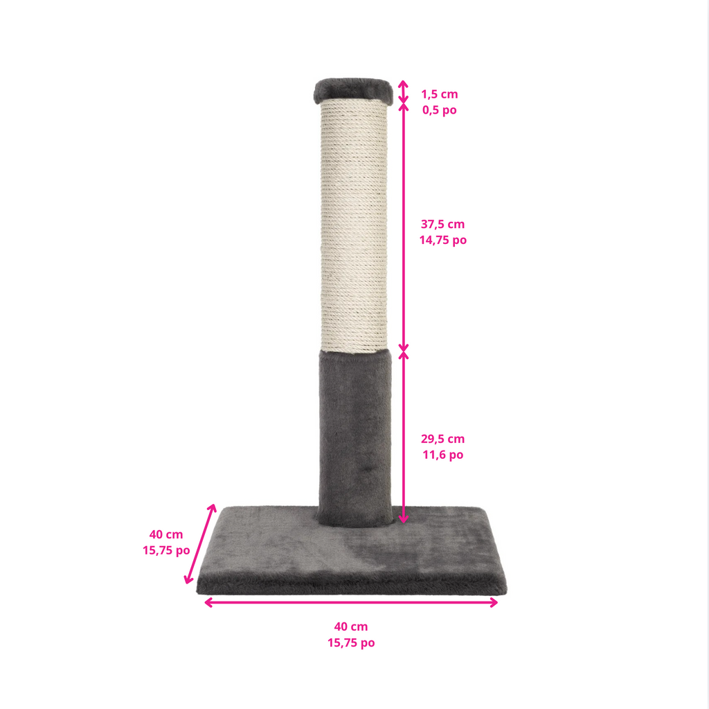 Cat scratching post with dimensions labeled on a white background