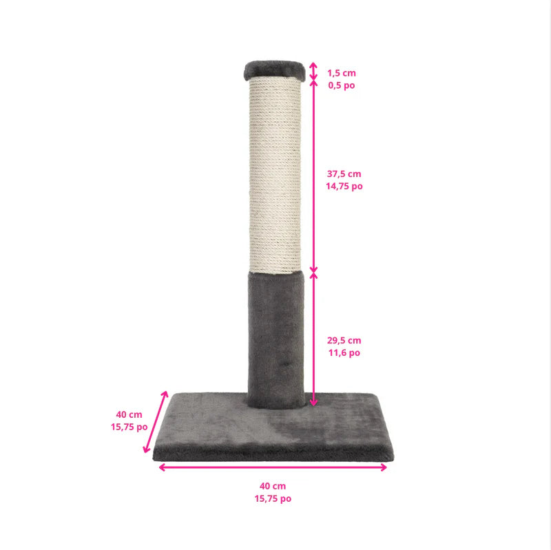 Cat scratching post with measurements on a white background