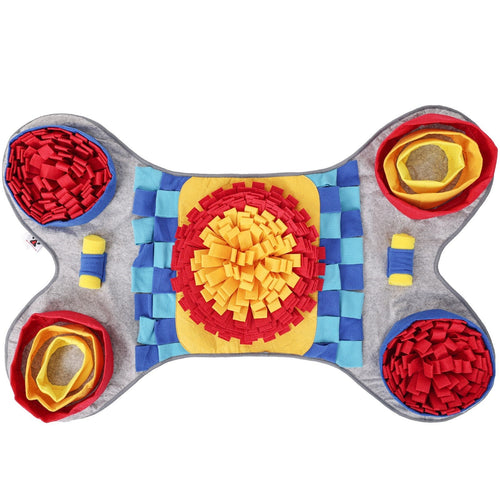 Colorful snuffle mat with red, yellow, and blue patterns on a white background shaped like a bone