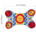 Colorful pet snuffle mat bone shaped with measurements on a white background