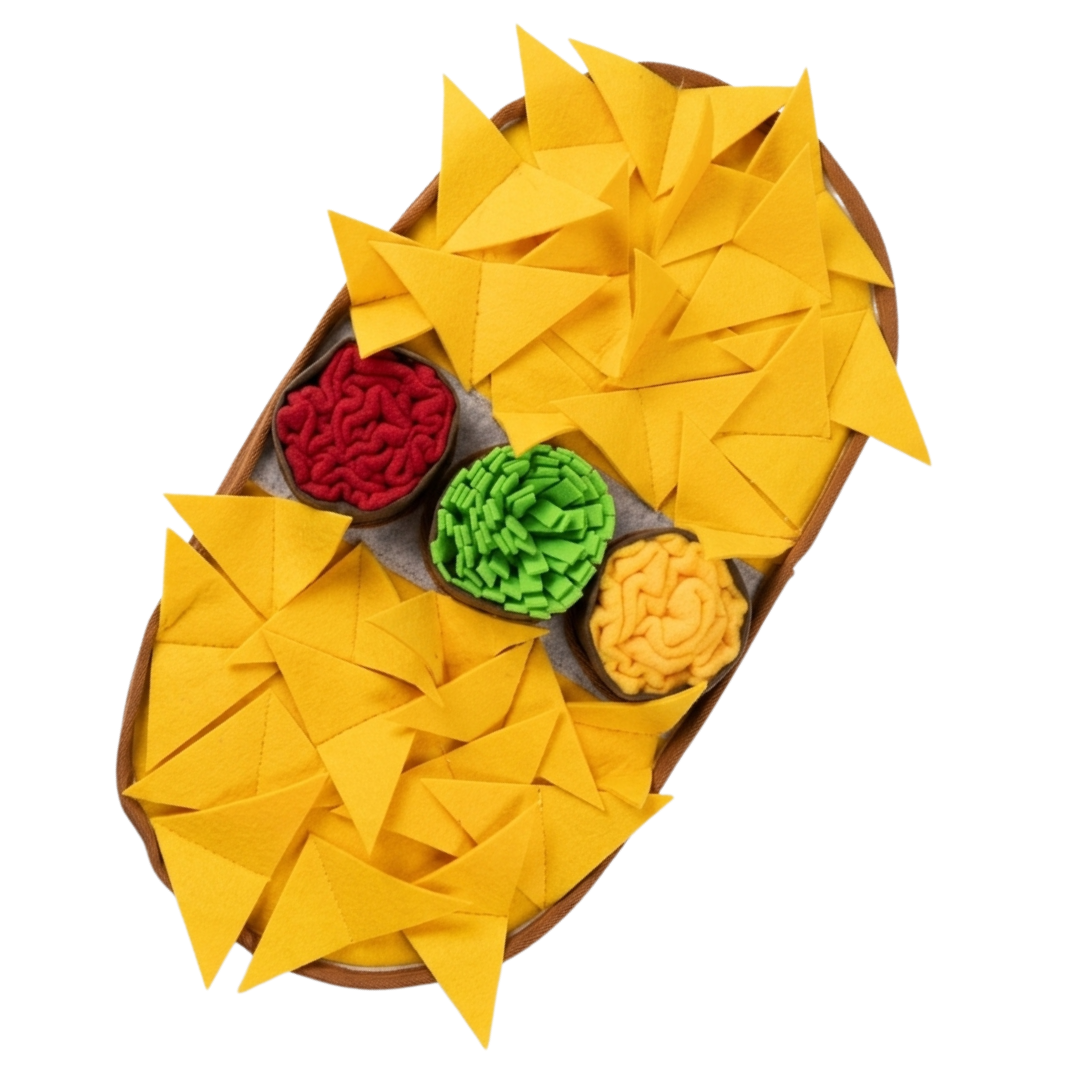 Snuffle mat with yellow tortilla chips and small containers of red, green, and yellow dips on a white background