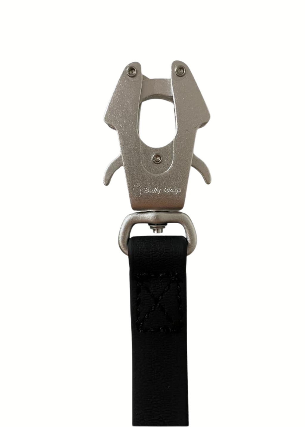Metallic belt buckle with a black belt on a white background