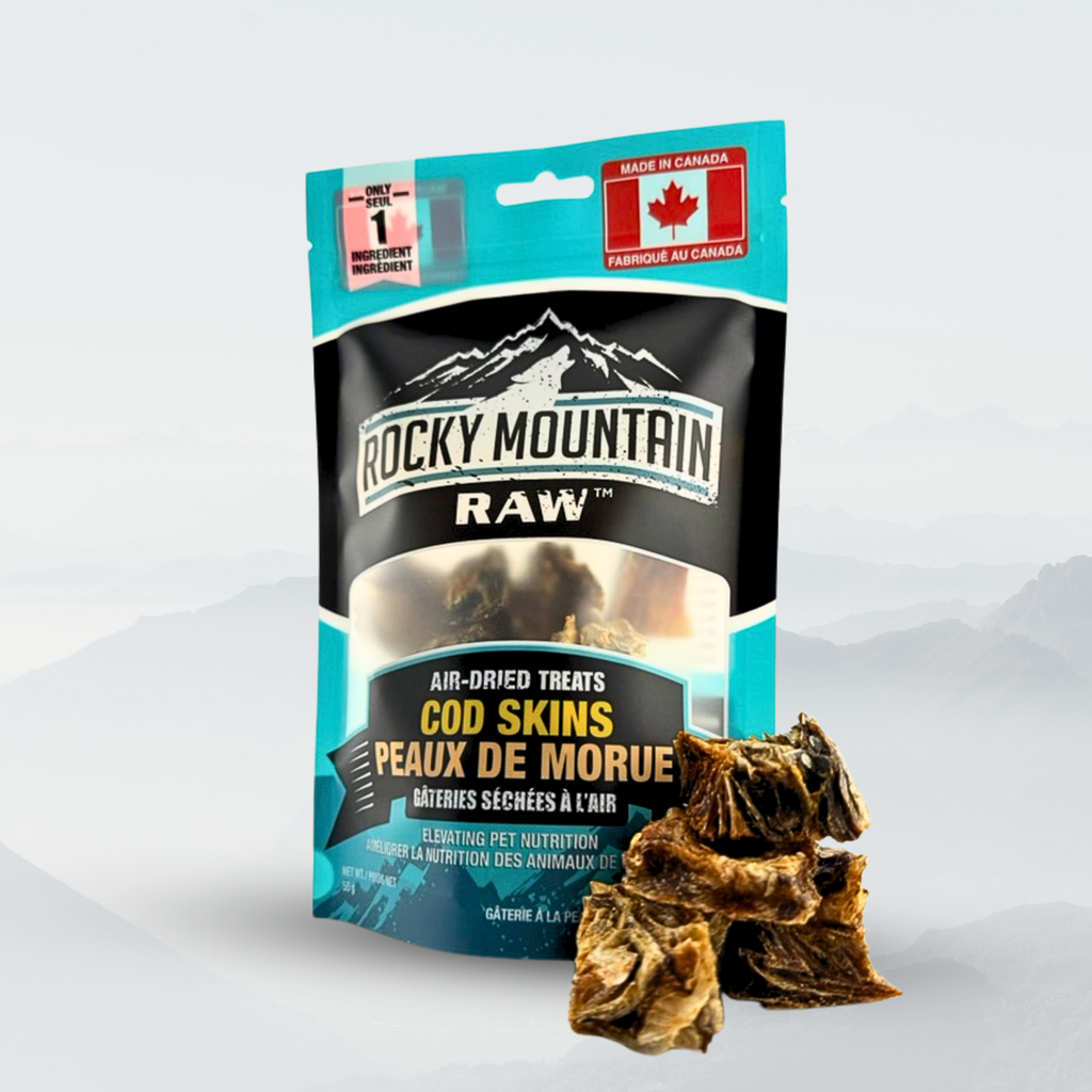 Rocky Mountain Raw air-dried treats packaging with a piece of treat on a white background