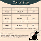 Dog collar size chart with adjustable range and collar width for small, medium, and large dogs.