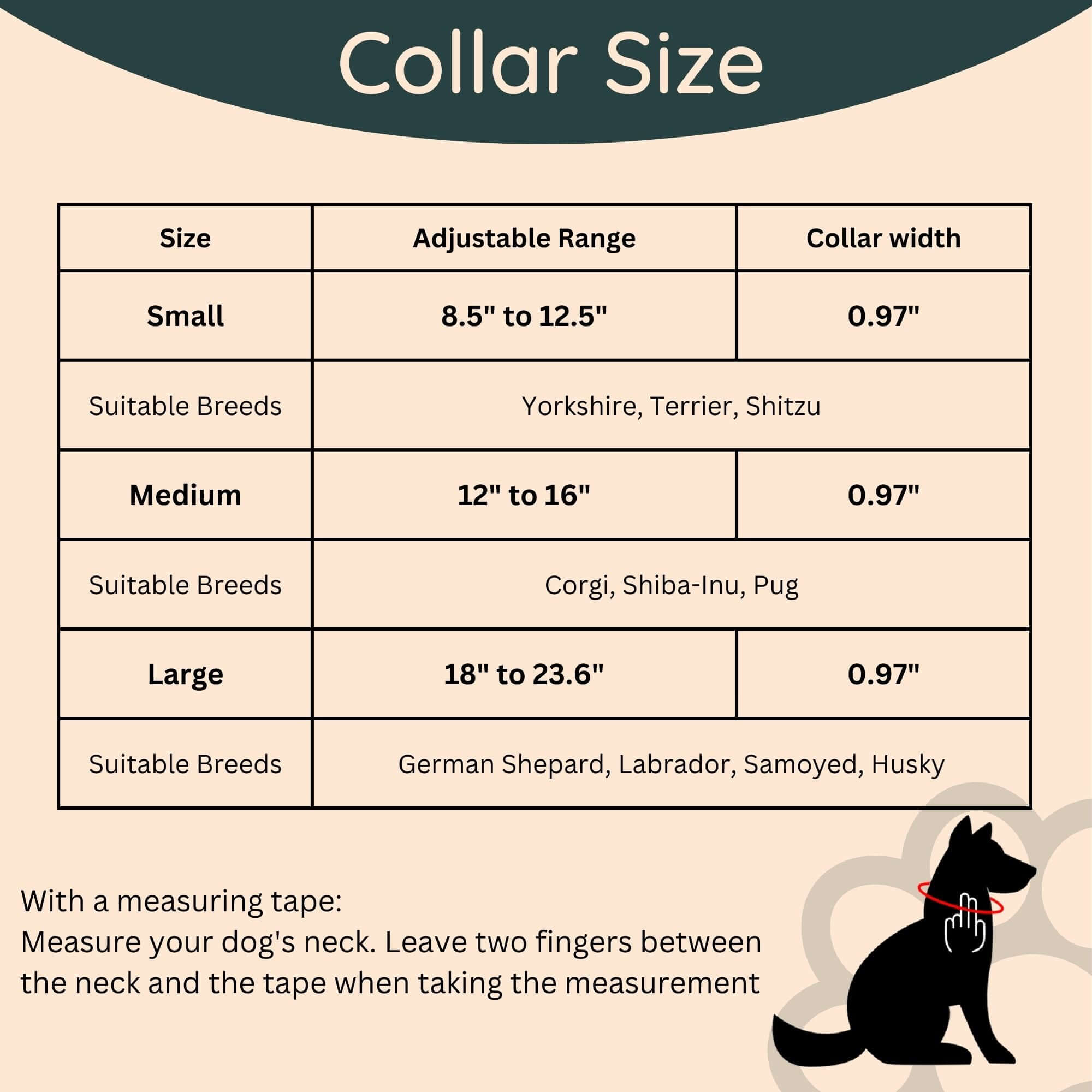 Dog collar size chart with adjustable range and collar width for small, medium, and large dogs.
