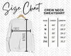 Size chart for a crew neck sweatshirt with a white sweatshirt on a hanger.