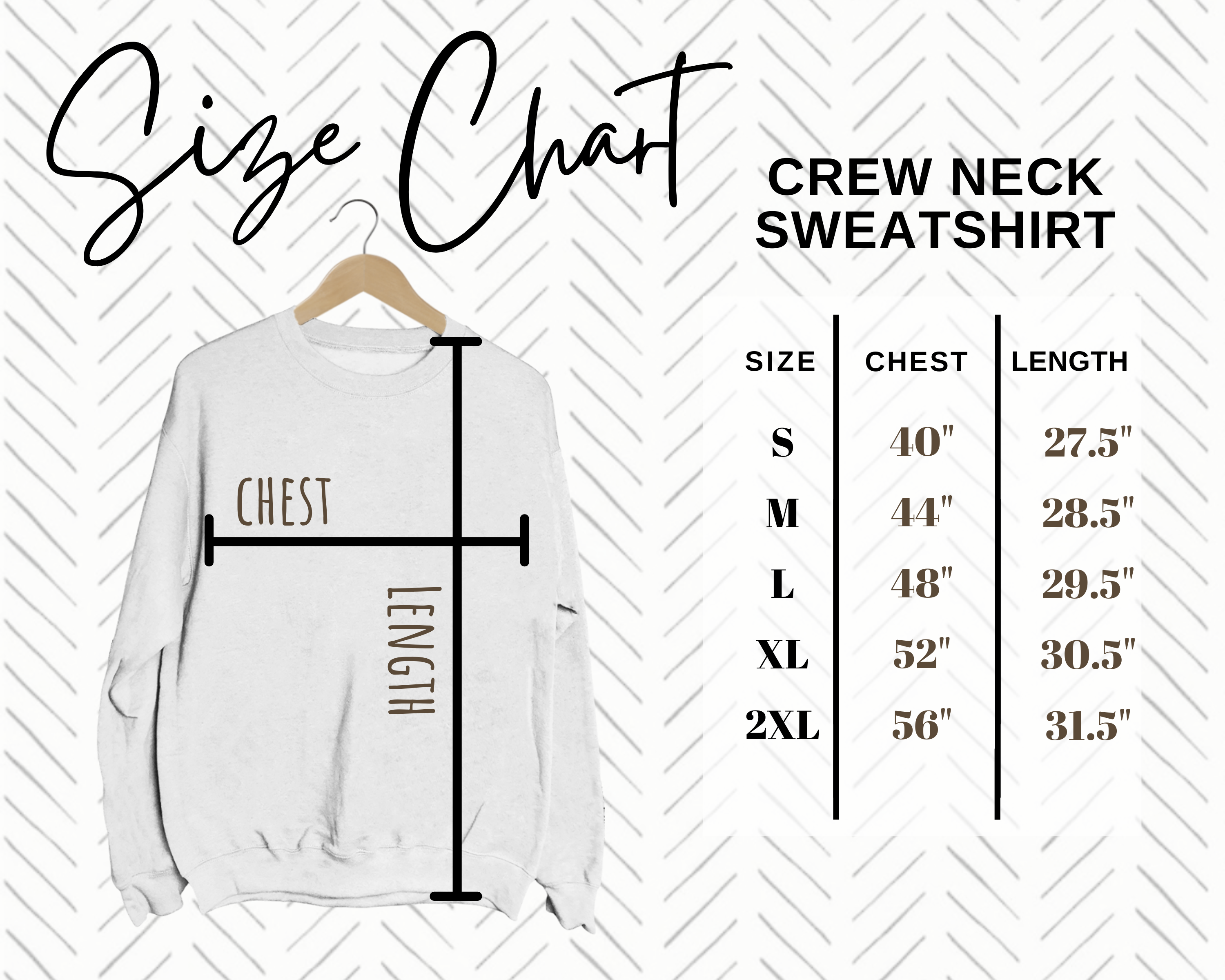 Size chart for a crew neck sweatshirt with a white sweatshirt on a hanger.