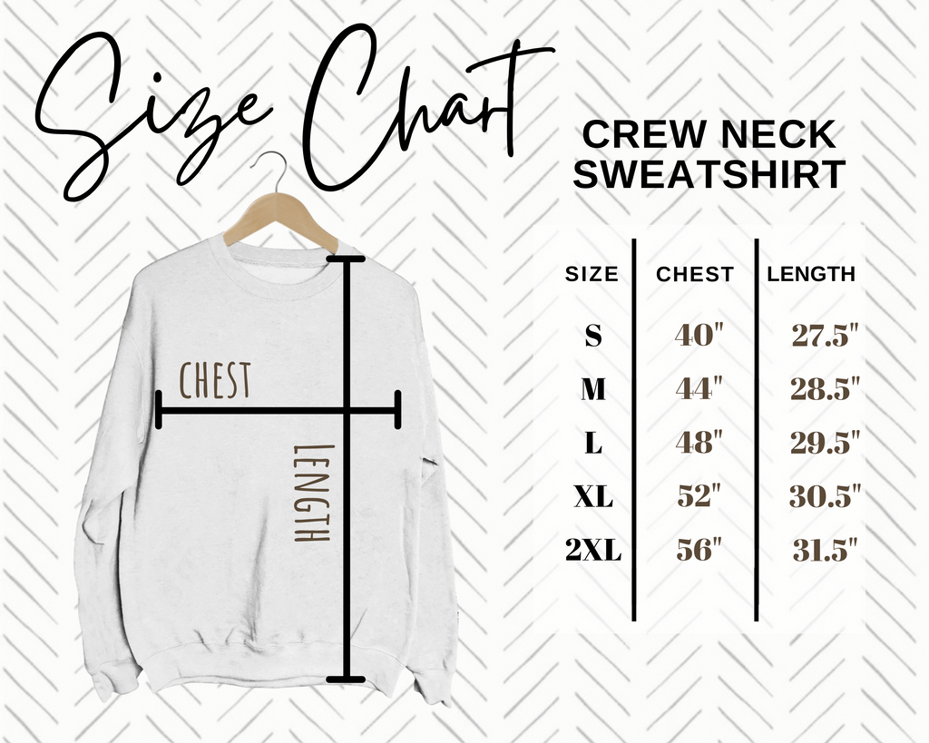 Size chart for a crew neck sweatshirt with a white sweatshirt on a hanger.