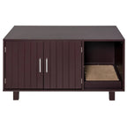 Dark brown wooden litter cabinet with a scratch pad inside on a white background