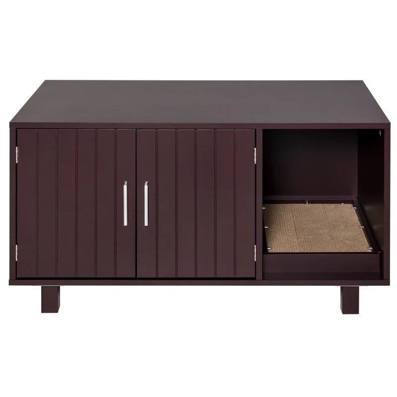 Dark brown wooden litter cabinet with a scratch pad inside on a white background