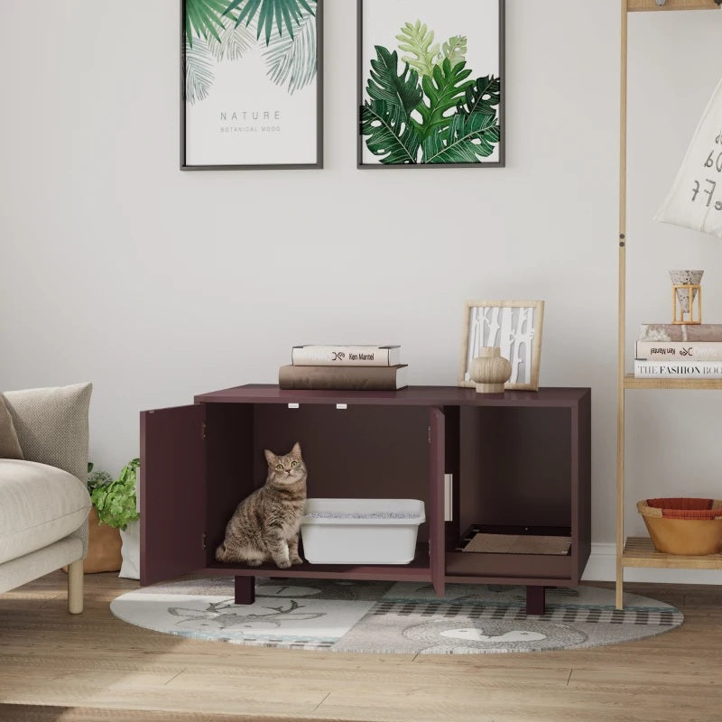 Cat using a modern pet litter box in a stylish living room.
