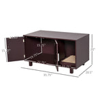Brown cat litter box cabinet with dimensions labeled on a white background