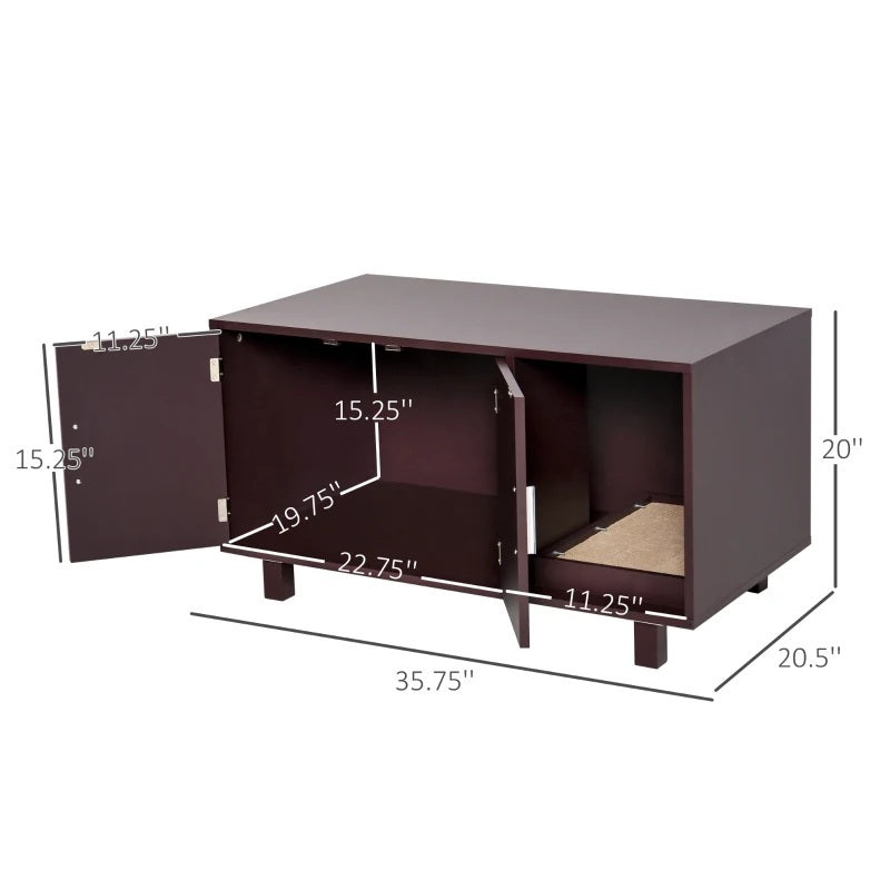 Brown cat litter box cabinet with dimensions labeled on a white background