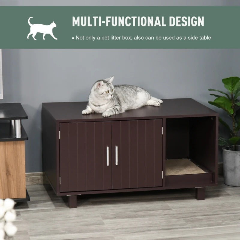 Multi-functional pet litter box with cat sitting on top, featuring text about its design.