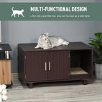Multi-functional pet litter box with cat sitting on top, featuring text about its design.