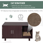 Cat scratcher with a cat sitting next to it, showing its dimensions and features.