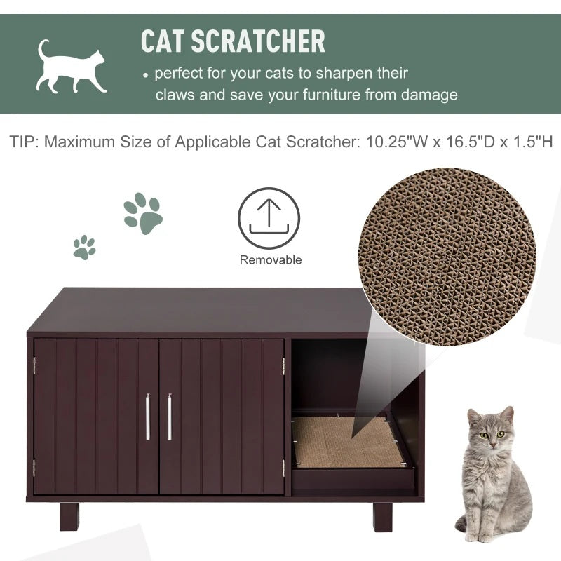 Cat scratcher with a cat sitting next to it, showing its dimensions and features.