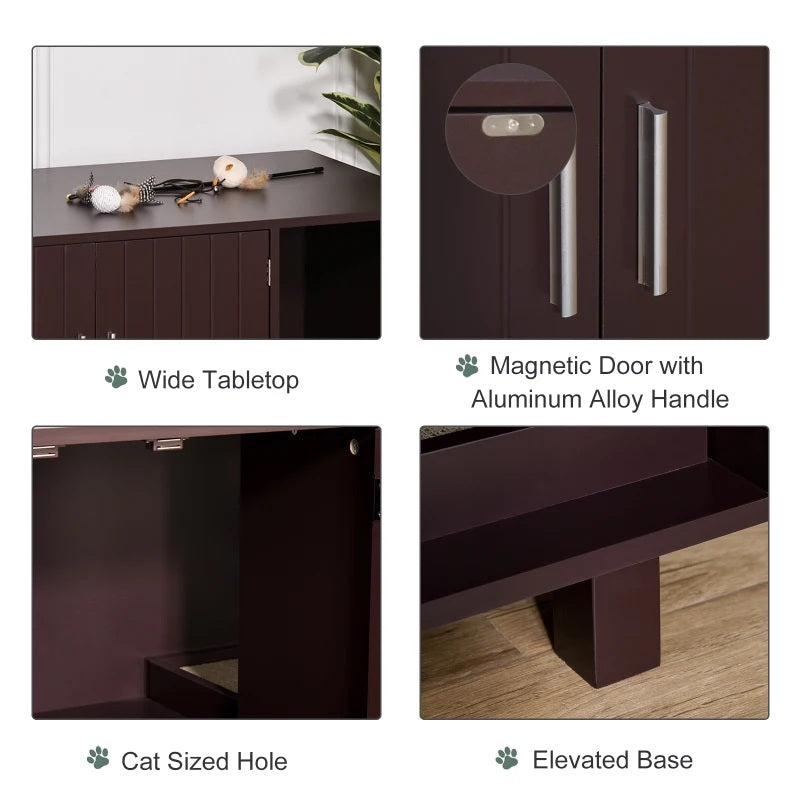 Collage of a dark brown cat litter enclosure with features highlighted.