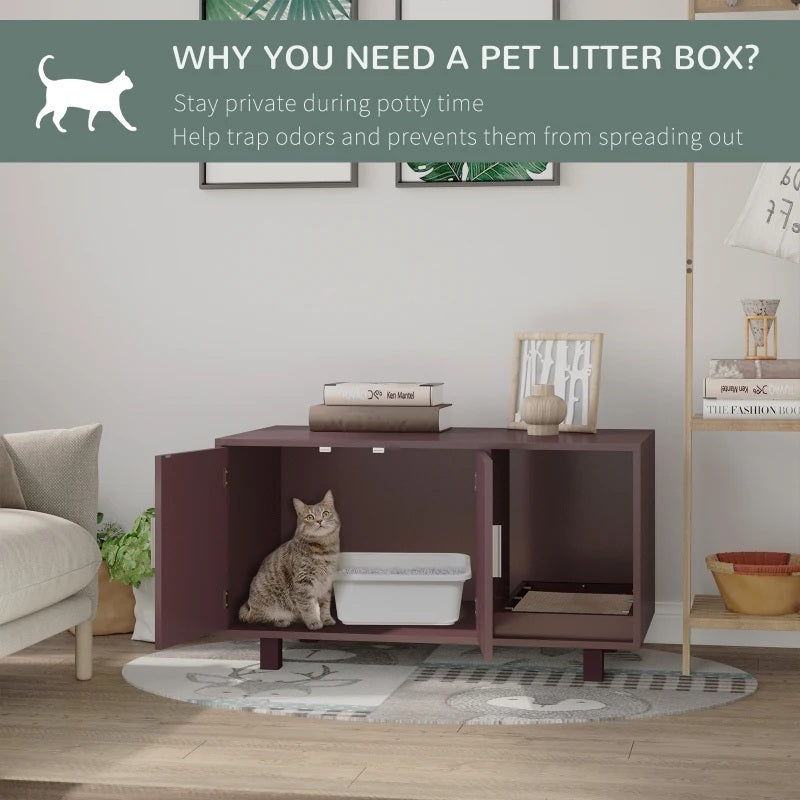 Cat using a pet litter box in a living room setting with text about the benefits of a pet litter box.