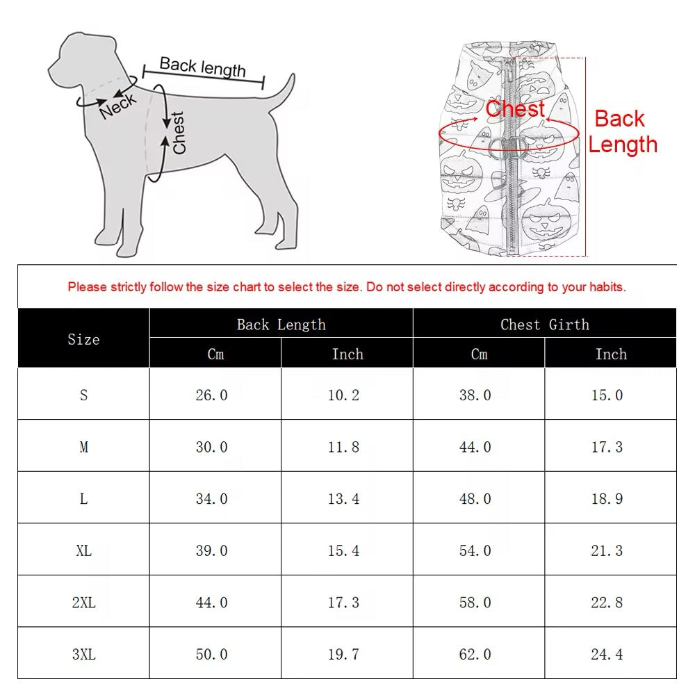 Dog size chart with measurements for back length, chest girth, and corresponding sizes.