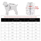 Dog size chart with measurements for back length, chest girth, and corresponding sizes.