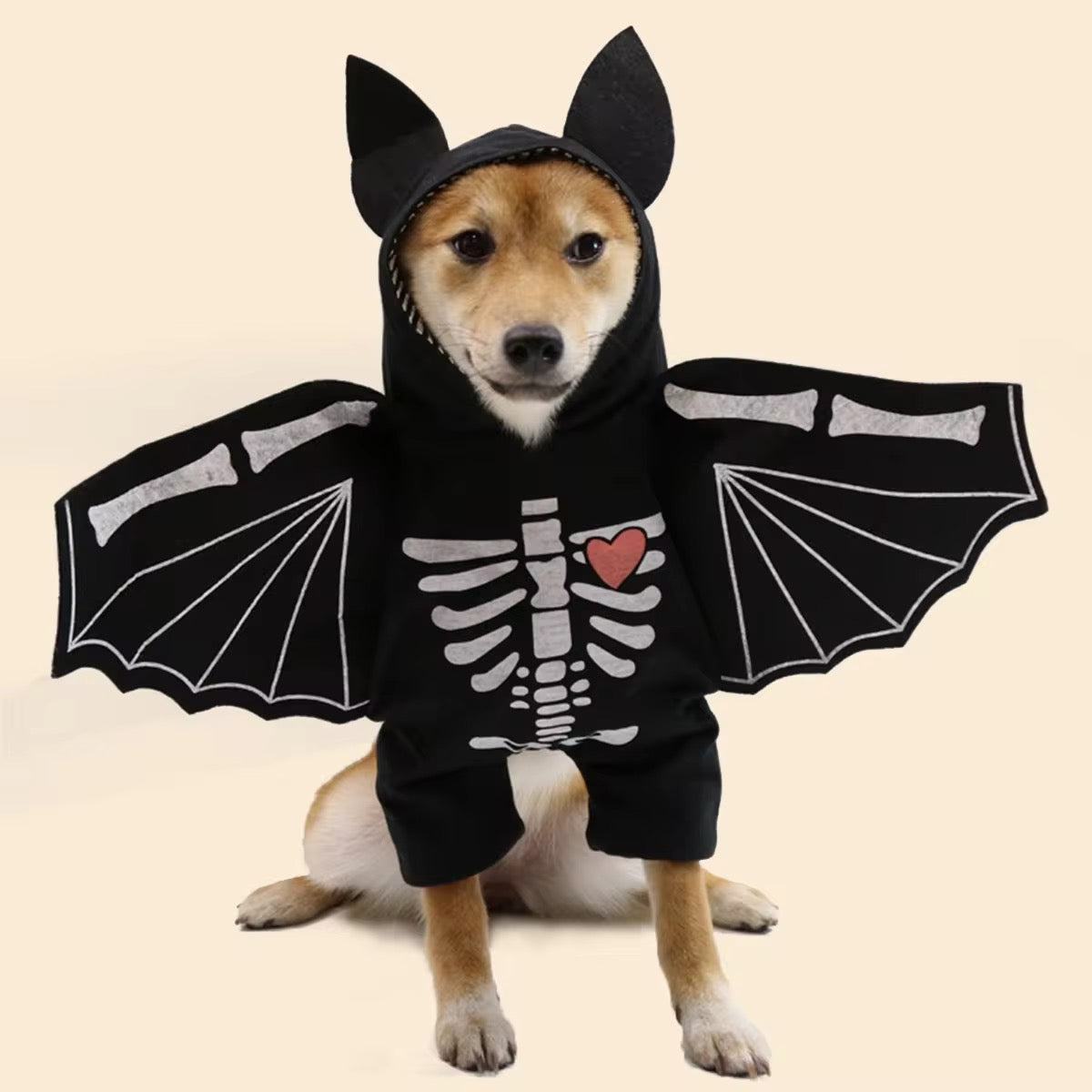 Dog wearing a bat-themed costume with skeleton design and heart emblem on a beige background