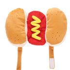 Plush hot dog pet halloween costume, red body, and yellow mustard on a white background