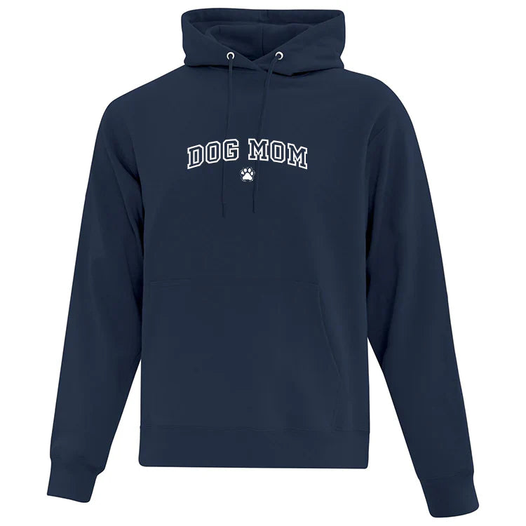 Navy blue hoodie with 'DOG MOM' text on a white background