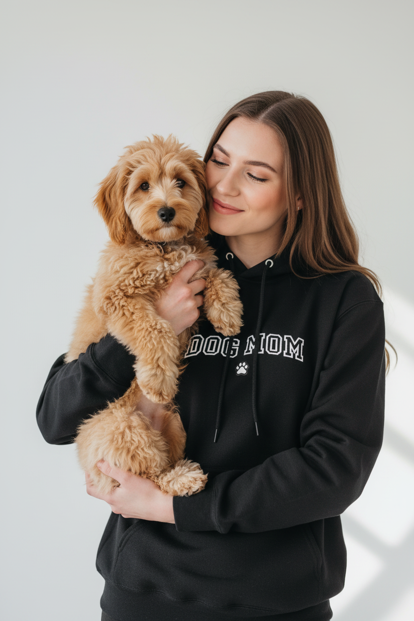 Woman wearing a dog mom hoodie with a dog in her arms
