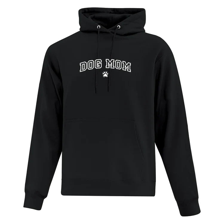 Black hoodie with 'DOG MOM' text on a white background