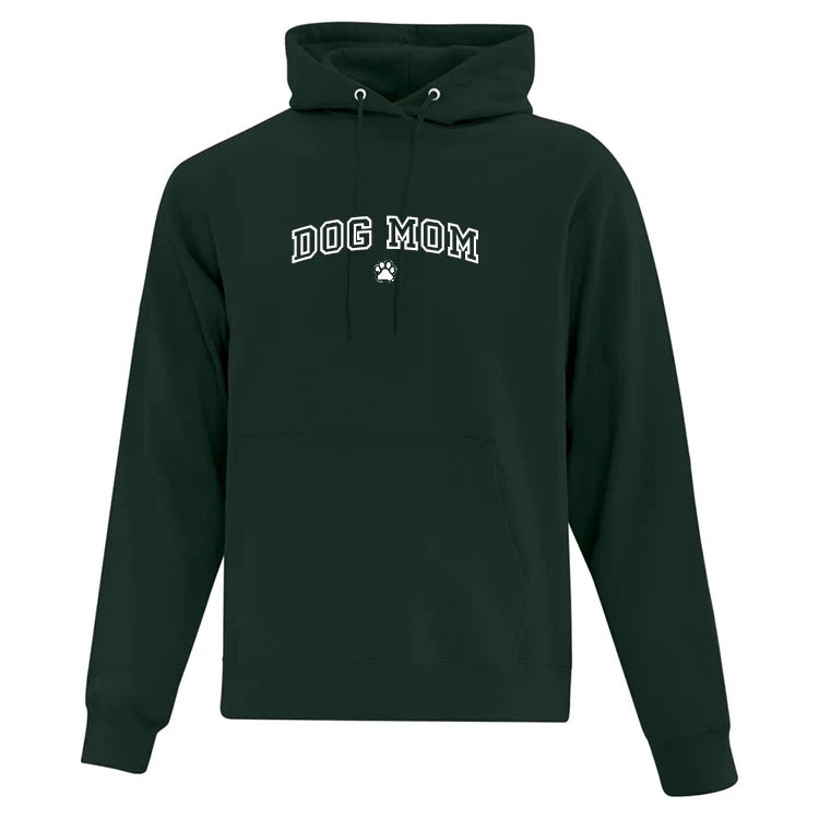 Dark Green Hoodie with 'DOG MOM' text on a white background