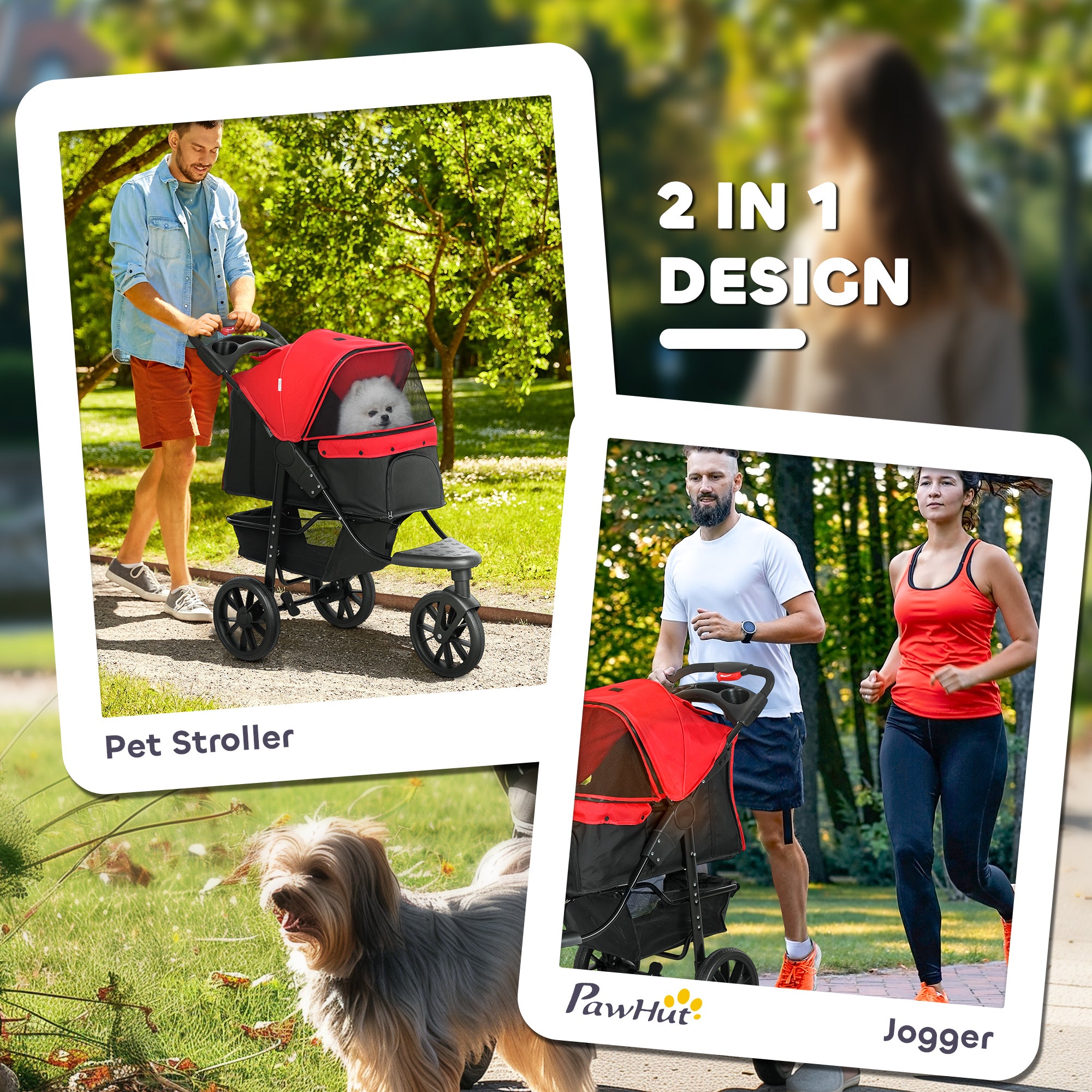 Pet stroller being used by a man with a dog in a park, featuring the PawHut brand.