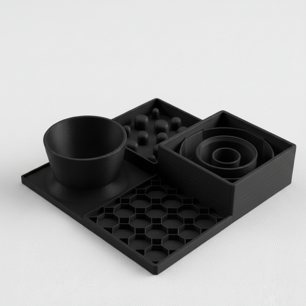 A black slow feeder set on a light gray background, featuring a bowl, a tray with small raised spheres, a spiral insert, and a hexagonal grid mat.