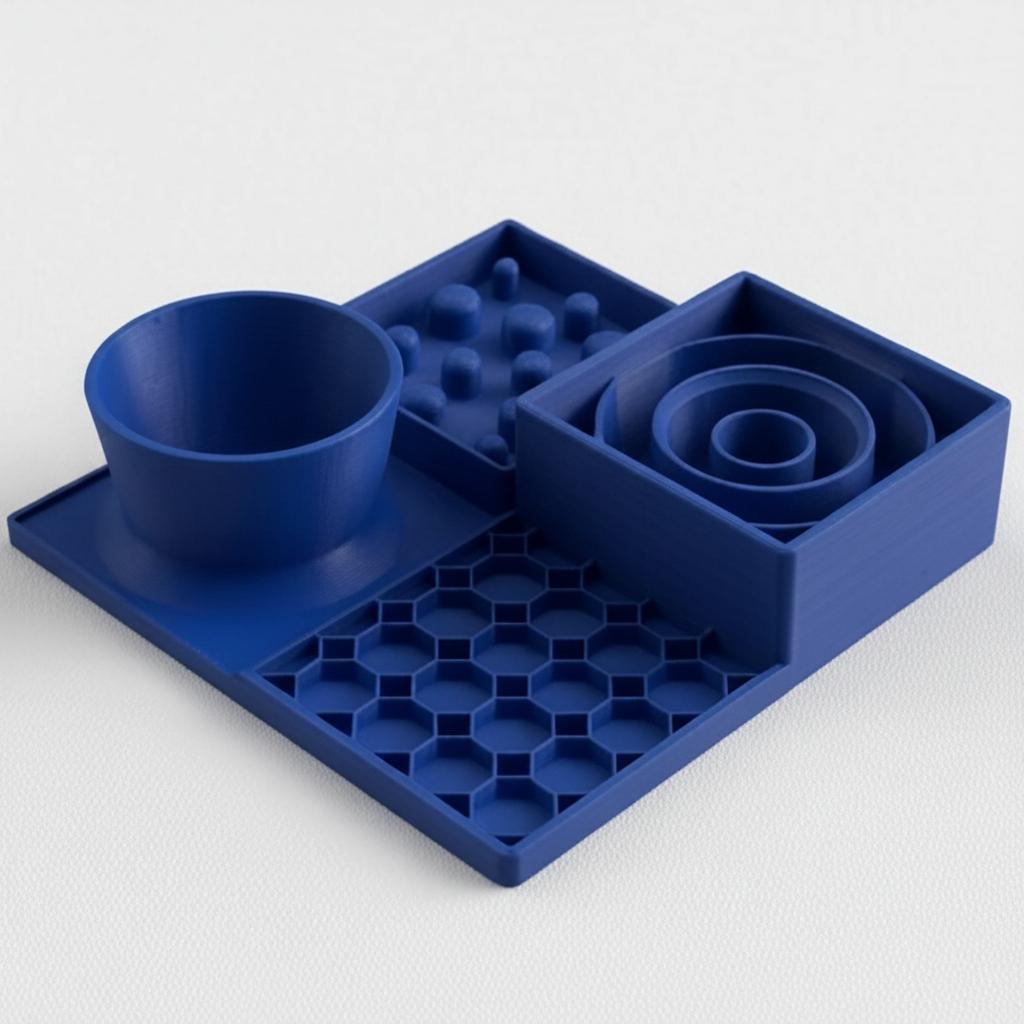A blue slow feeder set on a light gray background, featuring a bowl, a tray with small raised spheres, a spiral insert, and a hexagonal grid mat.
